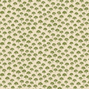 Small green Ginko leaves and tiny gold dots cover a light beige background. From the Arthur's Garden Collection for Liberty Fabrics. 100% Cotton, 44/45" wide.