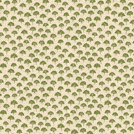 Small green Ginko leaves and tiny gold dots cover a light beige background. From the Arthur's Garden Collection for Liberty Fabrics. 100% Cotton, 44/45" wide.