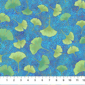 This fabric from Northcott is designed by Deborah Edwards for the Ginkgo Garden Collection. This fabric is a blue dot with ginkgo leaves and gold details.