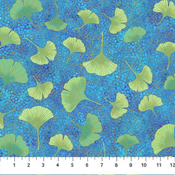 This fabric from Northcott is designed by Deborah Edwards for the Ginkgo Garden Collection. This fabric is a blue dot with ginkgo leaves and gold details.