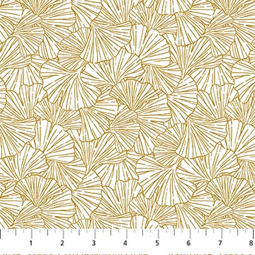 This fabric from Northcott is designed by Deborah Edwards for the Ginkgo Garden Collection. This fabric is gold and white with ginkgo leaves outlined in gold over a white background. 