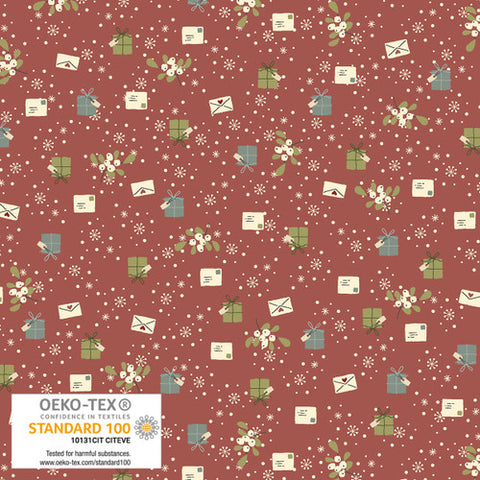 Many little letters swirl among mistletoe berries and snowflakes on a dusty red background. From the Snow is Falling Collection by Stof for Blank. 100% Cotton, 44/45" wide.