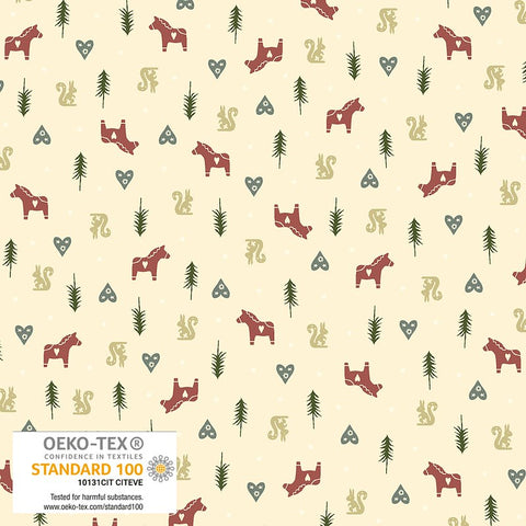 Neatly arranged silhouettes of red Dala Horses, green fir trees, blue hearts, and gray squirrels in rows on a cream background. From the Snow is Falling Collection by Stof for Blank. 100% Cotton, 44/45" wide.