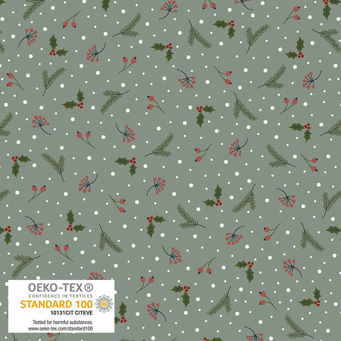 Rows of alternating winter berries fall across the blue-gray background with dots of snow. From the Snow is Falling Collection by Stof for Blank. 100% Cotton, 44/45" wide.