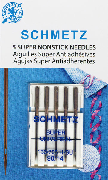 5 Pack - 90/14 ballpoint needle for all woven and knitted fabrics. Designed to prevent shredding and breakage when sewing with metallic and other machine embroidery threads.Each package of SCHMETZ needles has European and U.S. size equivalents written at the very bottom of the front of the plastic case. Typically they range from 60/8 (the finest) to 120/19 (the largest).