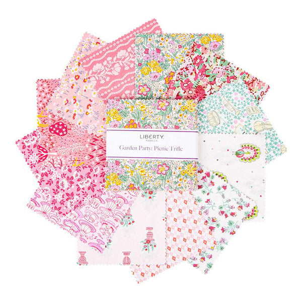 Gorgeous Floral Liberty of London print! Features floral prints, geometric prints and whimsical prints. Pinks, greens, yellows and bright whites. Perfect for quilting, crafting, and even garment making. Super soft hand!&nbsp;This 5" Stacker precut bundle includes 42 pieces from the Garden Party Picnic Trifle collection by Liberty Fabrics. Each print will be included 2-3 times in the bundle.