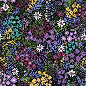 This flannel is covered in whimsical flowers that look as if they are dancing on the fabric. Black background, flowers are purples, blues, teals, yellows and whites. Dots, lines and leaves fill in the empty spaces. 