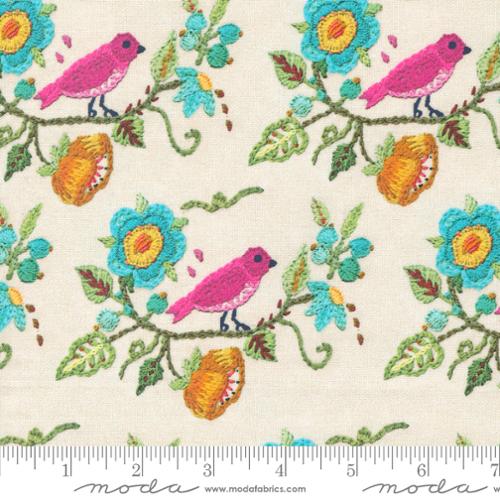 This collection looks like it was embroidered right onto the fabric. Pink birds rest on branches with blue and orange floral blooms.&nbsp;From the Vintage Soul Collection by Cathe Holden for Moda.&nbsp;100% cotton, 43/44" wide.