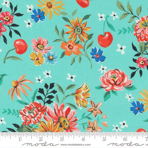 Designed by Crystal Manning for Moda's Julia Collection. This fabric is a teal color with bright flowers and cherries tossed all over. 
