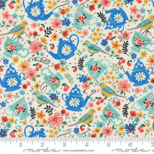 Designed by Crystal Manning for Moda's Julia Collection. This fabric has a bright white background with tiny tea pots and birds tossed all over. Whimsical and perfect for fussy cutting!