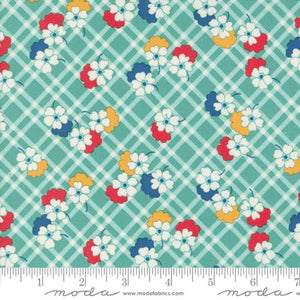 Small white, red, yellow and blue flowers over a white and green plaid background. From the 30s Playtime Collection by Linzee McCray for Moda Fabrics.