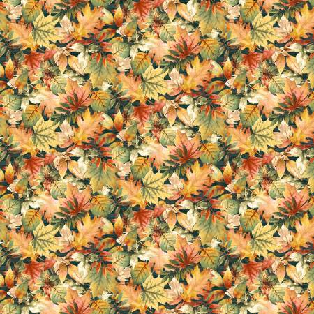 This fabric is by Art Loft for Studio e. This fabric is covered in beautiful autumnal leaves over a black background. Oranges, umbers, greens, yellow and brown.