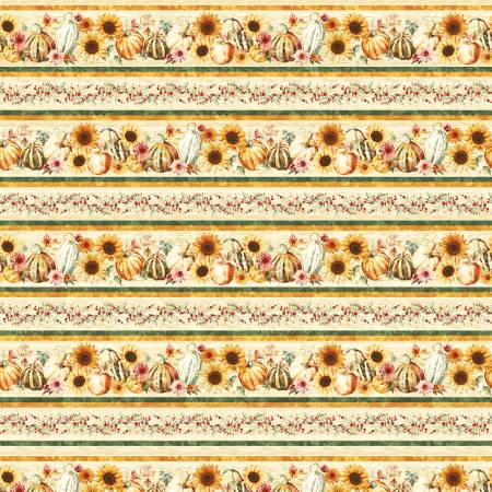 This fabric is by Art Loft for Studio e. This fabric is a border stripe with berries, sunflowers, pumpkins and leaves. The design looks like it was watercolor painted onto the fabric. Beautiful and great for different kitchen or quilting projects. 