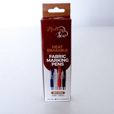 The Madam Sew Heat Erasable Fabric Marking Pens are the perfect solution for clear and accurate fabric marking. With their unique gel ink, these pens create thin, visible lines that disappear with the touch of an iron. Perfect for sewing and quilting enthusiasts, this set includes 4 pens in different colors, along with 4 bonus refills.