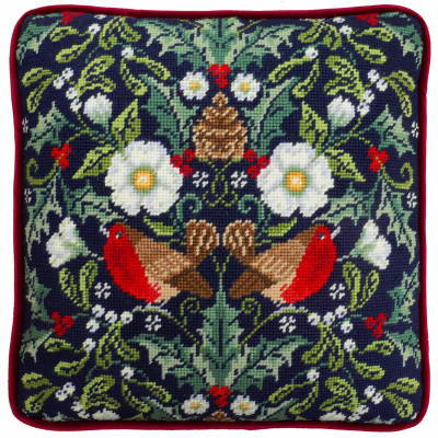 Winter Robins Tapestry&nbsp;by Karen Tye Bentley Kit Includes: Fabric, tapestry wools &amp; stranded cottons, needles and instructions.  Cushion backing and pad are not included. Size:14" x 14" Fabric:Full Colour Printed Interlock Canvas Count:10ct