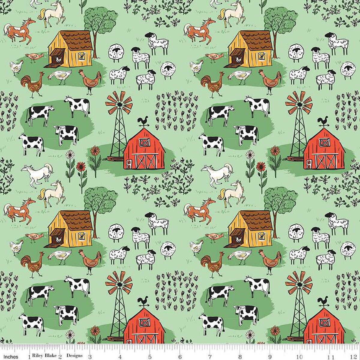 Stylistically drawn farm animals explore an adorable farm with flowers, trees and buildings. From the Farm Livin' Collection by Diane Labombarde for Riley Blake. 100% Cotton, 44/45" wide.