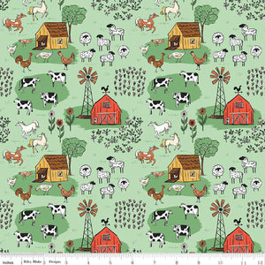 Stylistically drawn farm animals explore an adorable farm with flowers, trees and buildings. From the Farm Livin' Collection by Diane Labombarde for Riley Blake. 100% Cotton, 44/45" wide.