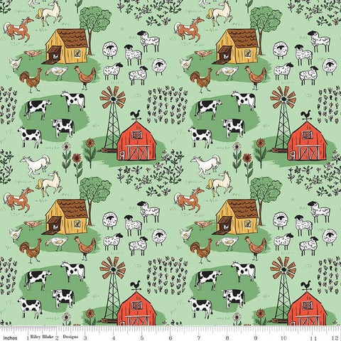 Stylistically drawn farm animals explore an adorable farm with flowers, trees and buildings. From the Farm Livin' Collection by Diane Labombarde for Riley Blake. 100% Cotton, 44/45" wide.