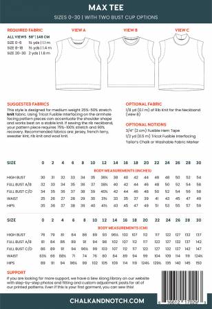 The Max Tee is a boxy knit top with a muscle tee shoulder shape and a dropped armhole. There are two lengths: a cropped tee and a hip length with hem facings. The neckline includes three options: a neck facing, a rib neckband, and a mock neckband.