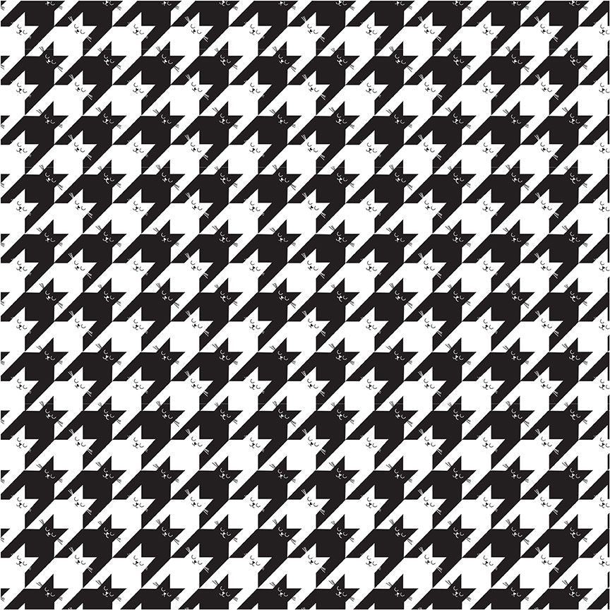 This fabric from Feline Good collection for Timeless Treasure is a kitty print disguised as houndstooth. Black and white fabric, print is medium scale. 