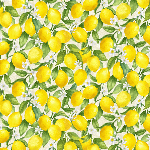 This fabric is from Timeless Treasures and is "Lemon Bouquet" for TT Fabrics Collection. beige grunge background with bright yellow lemons and realistic leaves and flowers tossed all over.&nbsp;