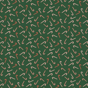 This fabric from RJR is covered in small candy canes over a solid hunter green background.&nbsp; From the Christmas Lane collection for RJR&nbsp;