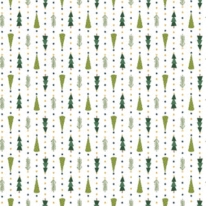 Tiny gold and green stars surround rows of little Christmas trees. From the Christmas Lane collection for RJR. 100% cotton 43/44" wide.