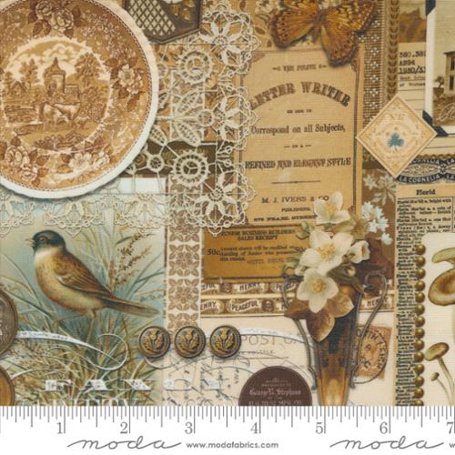 This fabric is collage style with a mix of all things antique. Lace, flowers, birds, photographs, labels. A very interesting fabric to cut up! Use it as an eye spy fabric. Designed by Cathe Holden.&nbsp;