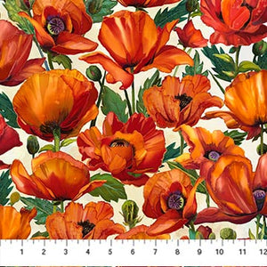 This fabric is covered in bright orange and red poppies with dark green leaves surrounding them. Background is a grunge cream color. This fabric is from the collection "Charisma" by Northcott. This fabric is 100% cotton and is 43"/44" wide. 