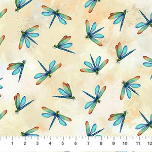 Colorful dragonflies with rainbow wings tossed on a grungy cream background. From the Charisma Collection by Northcott. 100% cotton, 43/44" wide.&nbsp;