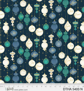 This fabric is from P&amp;B Textiles and is designed by Jennifer Ellory. This fabric features colorful hanging ornaments all over a navy blue background. Hints of gold, navy and greens.