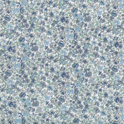 This beautiful cotton lawn is covered in little blue and grey flowers on a white background. Light green leaves surround the little flowers to give it another pop of color. Perfect for a blouse or dress. 