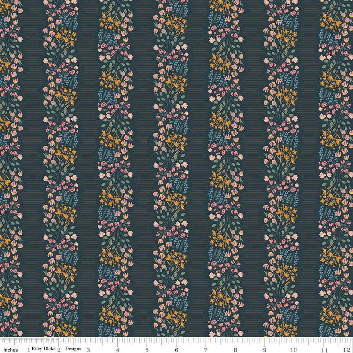 Feels Like Home by Amber Johnson for Riley Blake Designs is great for quilting, apparel and home decor. This striped print features columns of flowers. Dark navy background with stripes of flowers.&nbsp;