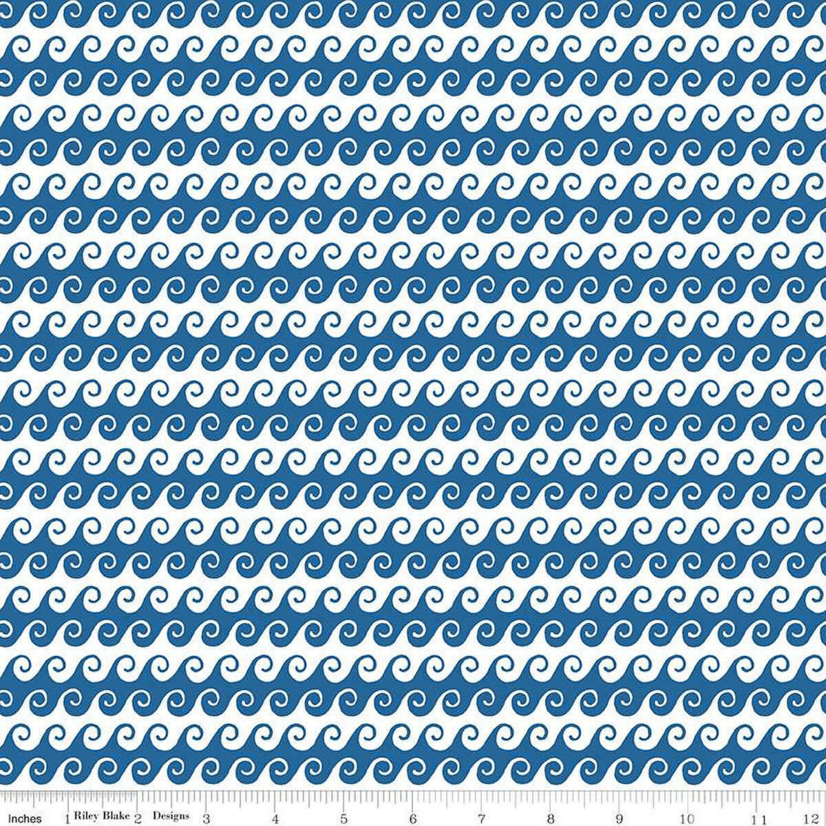 This fabric has fun movement and has a scroll like wave design in white and blue. This blue is more of a royal blue than navy. From Riley Blake Designs for the Free as the Ocean collection.&nbsp;