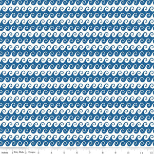 This fabric has fun movement and has a scroll like wave design in white and blue. This blue is more of a royal blue than navy. From Riley Blake Designs for the Free as the Ocean collection.&nbsp;