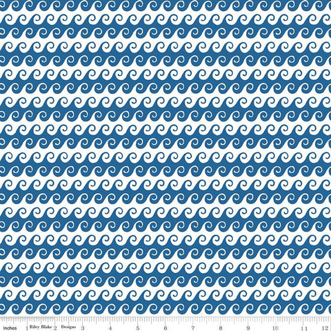 This fabric has fun movement and has a scroll like wave design in white and blue. This blue is more of a royal blue than navy. From Riley Blake Designs for the Free as the Ocean collection.&nbsp;