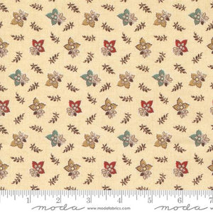 This fabric is from Moda and was designed by Betsy Chutchain. This fabric has a yellow ivory background with red and blue. Small scale print.&nbsp;