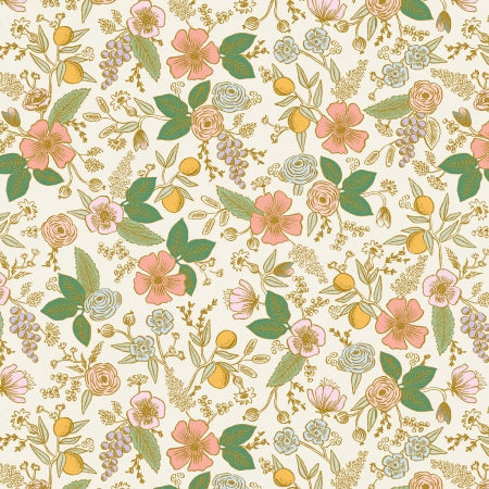 Features pastel flowers outlined in metallic gold over an ivory background. From the Orchard Collection for Rifle Paper Co. 100% Cotton, 44/45" wide.