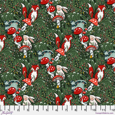 This fabric is from Freespirit and is covered in medium size foxes, bunnies, mushrooms and racoons. The background is a dark green with leaves. 