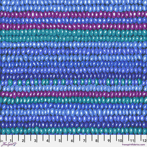 Vintage collection by Kaffe Fassett for Freespirit Fabrics. This fabric resembles a beaded curtain. the colors are all jewel toned cool colors, cobalt blue, turquoise, purple, cornflower blues. The stripe is horizontal. 