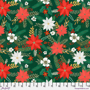 Stylized poinsettias in reds and whites bloom on a dark green background. Green and gold foliage fill in the gaps. From the Christmas Spirit Collection by Mia Charro for FreeSpirit Fabrics. 100% Cotton, 44/45" wide.