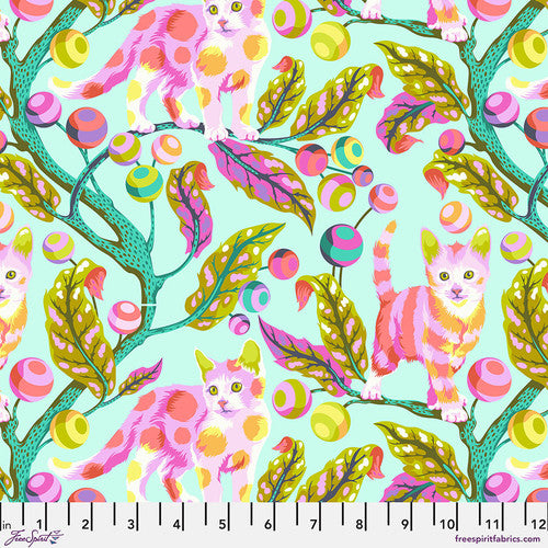 A purr-fect collection to create a technicolor quilt in honor of your favorite feline or your favorite cat lover. Pink, orange and green striped and spotted kittens stand in different poses on magical trees that seem to grow rainbow jawbreakers as fruit. The bright turquoise background makes the patterns pop. From the Tabby Road Collection by Tula Pink for FreeSpirit Fabrics. 100% Cotton, 44/45" wide.