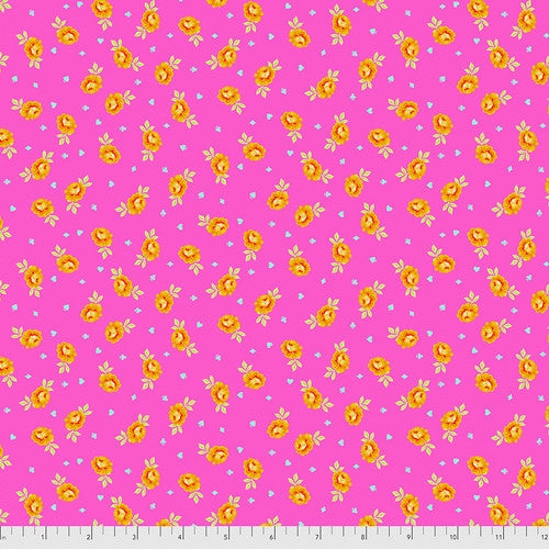 Hot pink and orange Baby Buds on a magenta background with little green leaves and teal suits. From the Curioser and Curioser Collection by Tula Pink for Freespirit Fabrics.   100% Cotton, 44/5"