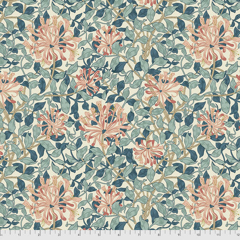 Beautiful Morris &amp; co fabric is covered in traditional style leaves and flowers. This fabric is busy and full of honeysuckle flowers. Large aqua and navy leaves all over with big coral pink flowers. Beige background. Very soft fabric - lightly colored, perfect for any kind of project!