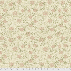 Beautiful Morris &amp; co fabric is covered in traditional style leaves and flowers. This fabric is a creamy ivory background with little pink flowers and green leaves tossed all over. Very soft fabric - lightly colored, perfect for any kind of project!