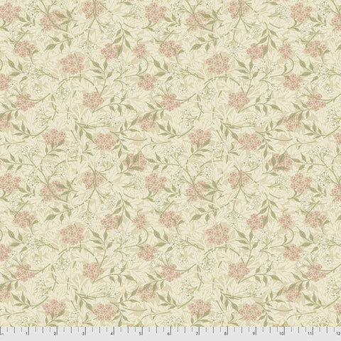 Beautiful Morris &amp; co fabric is covered in traditional style leaves and flowers. This fabric is a creamy ivory background with little pink flowers and green leaves tossed all over. Very soft fabric - lightly colored, perfect for any kind of project!