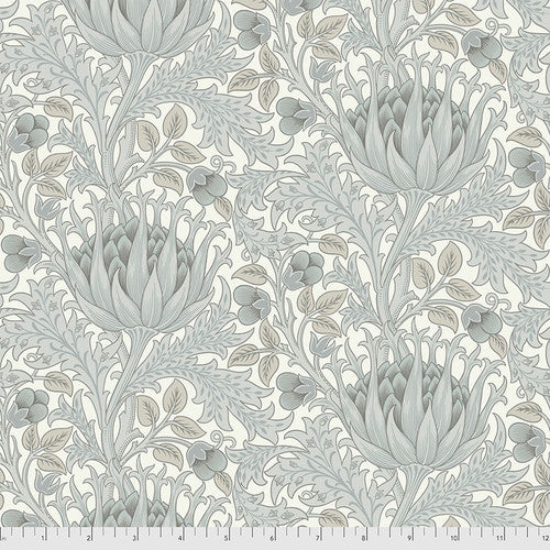 Traditional-style filigrees of artichoke leaves and flowers in cool slate-greys and blues on a bright white background. From the Classics Collection by Morris &amp; Co. for FreeSpirit. 100% Cotton, 44/5" wide.