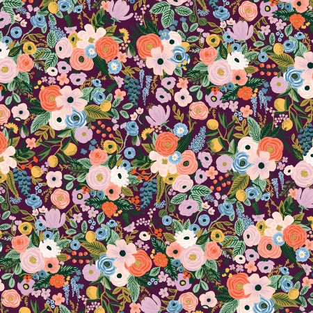 Floral fabric covered in bright flowers over a plum burgundy background. Moody vibe compared to their other bright florals!&nbsp; 100% Cotton, 44/5"