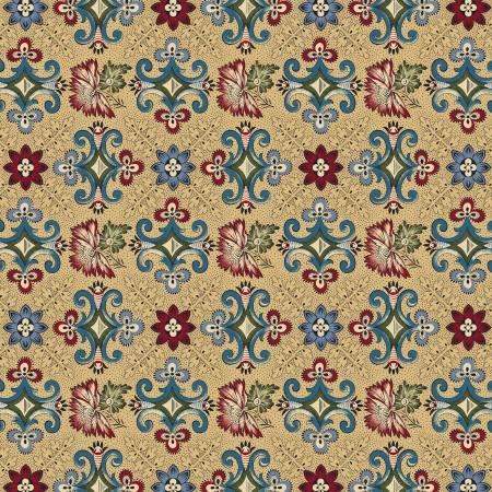 This fabric features traditional style floral design that almost looks like a tile. The colors include, blues, reds, tans and a hint of green.