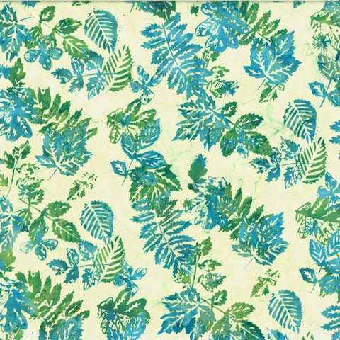 This batik is from Hoffman and is full of blue and green leaves tossed over a pale green/blue background.